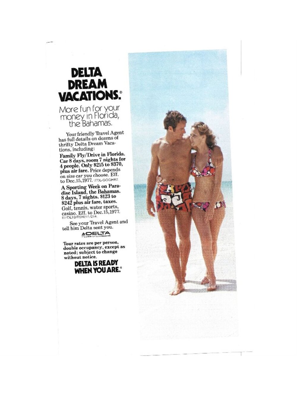 Print Ad Delta Dream Vacations Florida Bahamas 1977 Travel Beach Bikini AD